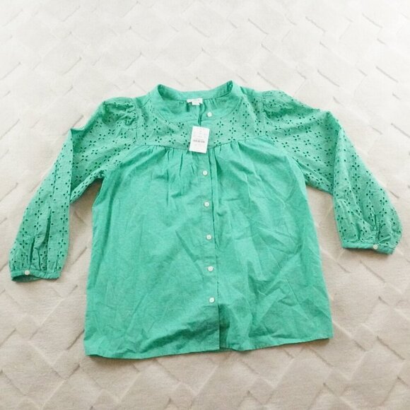 J.Crew Button Up Top Womens Petite Small Green Eyelet Mix media - Picture 1 of 11